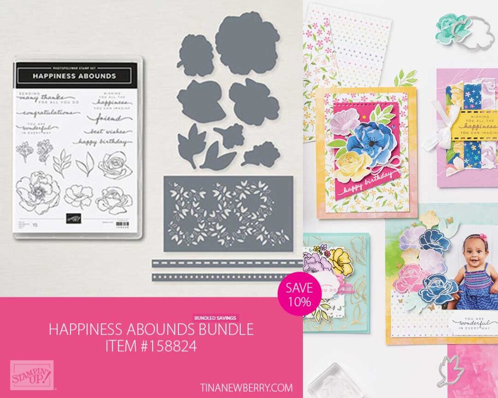 Create all-occasion paper crafts with beautiful floral designs by pairing the stamps and the dies in the Happiness Abounds Bundle